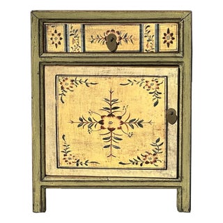 Beige Base Floral Pattern Graphic Olive Green Body End Table Nightstand For Sale