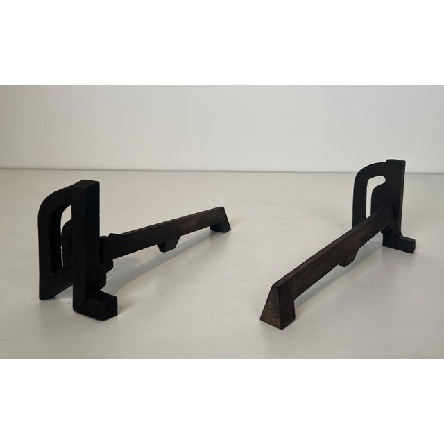 Pair of Modernist Cast Iron and Wrought Iron Andirons. French Work. Circa 1940 For Sale - Image 9 of 12