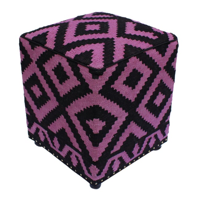 1990s Boho Chic Tribal Handmade Kilim Upholstered Ottoman For Sale In New York - Image 6 of 9