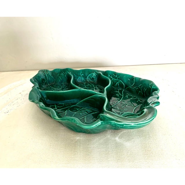 Serve condiments or candies in style in this 4-section Rhubarb leaf shaped vintage dark green platter, or use to add some...