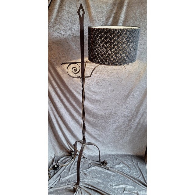 Mid-Century Modern Mid-Century Rustic German Adjustable Floor Lamp with Wrought Iron Frame and Fabric Shade, 1950s For Sale - Image 3 of 10