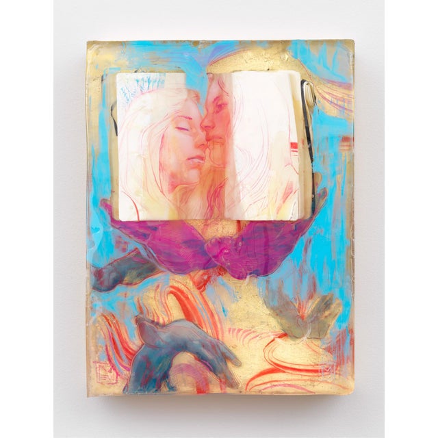 The Feathers are Blue by Marc Scheff | Acrylic and mixed media featuring two faces and a sketchbook For Sale