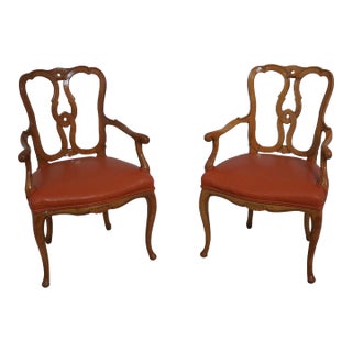 Pair Italian Walnut Open Armchairs W. Leather Seats For Sale