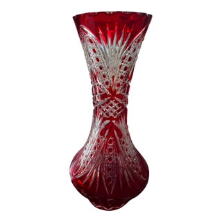 Beautiful Red and Clear Bohemian Crystal Vase For Sale