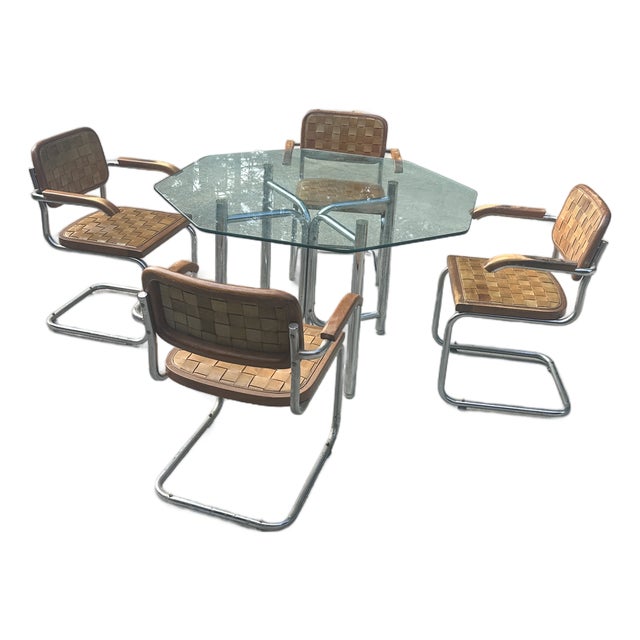 Vintage Chrome and Woven Leather Dining Set With Geometric Glass Top For Sale