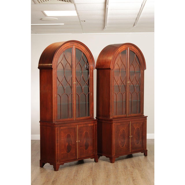 High Quality American Made Pair Of Inlaid Mahogany, Arched Top Two Pieces China Cabinets Or Bookcases With Thick...