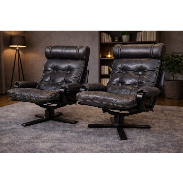 Mid-Century Modern Black Leather, Metal and Wood Spinning Armchairs, 1980s, Set of 2 For Sale - Image 4 of 7