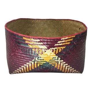 Stylish Storage: Vintage Burberry Style Hand Woven Basket From Africa in Eggplant For Sale