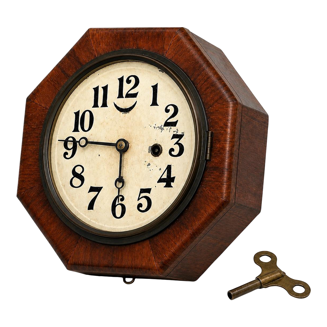 Vintage Octagonal Wooden Wall Clock With Key — Early 20th Century