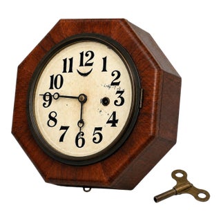 Vintage Octagonal Wooden Wall Clock With Key — Early 20th Century Mechanical Timepiece For Sale