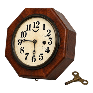 Vintage Octagonal Wooden Wall Clock With Key — Early 20th Century Mechanical Timepiece