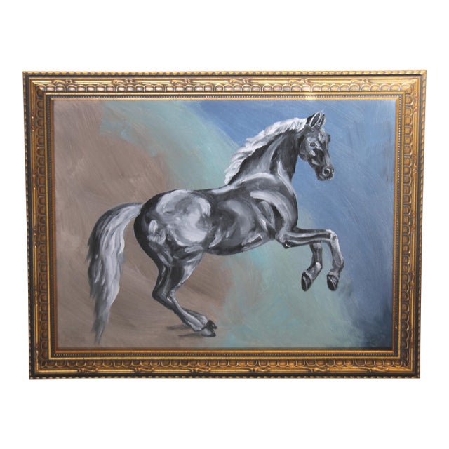Horse on Abstract White Gray Blue Beige Impressionism English Traditional Minimalism Original Oil Painting Cleo Plowden For Sale