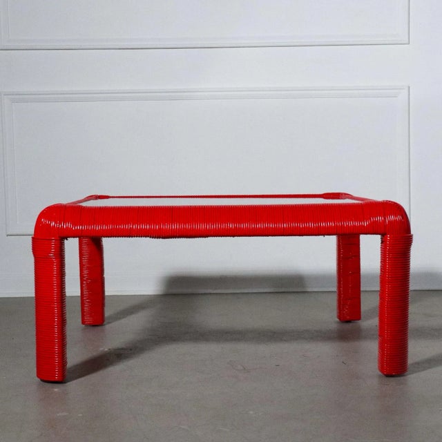 1970s Red Wrapped Rattan Waterfall Edge Coffee Table For Sale - Image 4 of 5