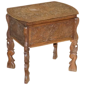 Burmese Hand-Carved Peacock Sewing Table or Cupboard with Open Top, 1880s
