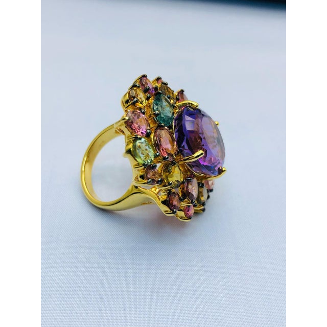 Purple Bochic "Orient" Natural Multi Tourmaline & Amethyst Ring Set 18K Gold & Silver For Sale - Image 8 of 18