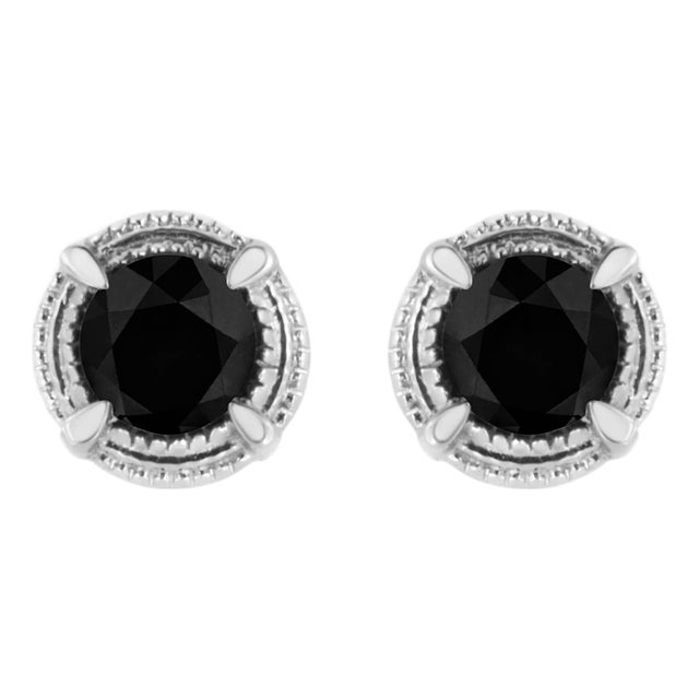 .925 Sterling Silver 1 cttw Treated Black Diamond Modern 4-Prong Solitaire Milgrain Stud Earrings (Black Color, I1-I2 Clarity) For Sale