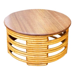1950s Restored Mid-Century Round Architectural Rattan Coffee Table With Mahogany Top For Sale