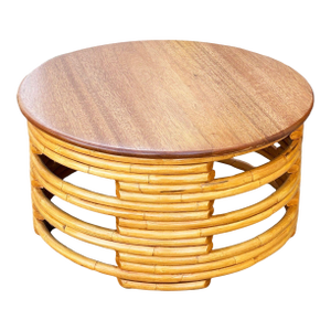 1950s Restored Mid-Century Round Architectural Rattan Coffee Table With Mahogany Top