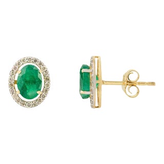 14k Gold Oval 1.68ct Halo Diamond Emerald Birthstone Earrings- A Pair For Sale