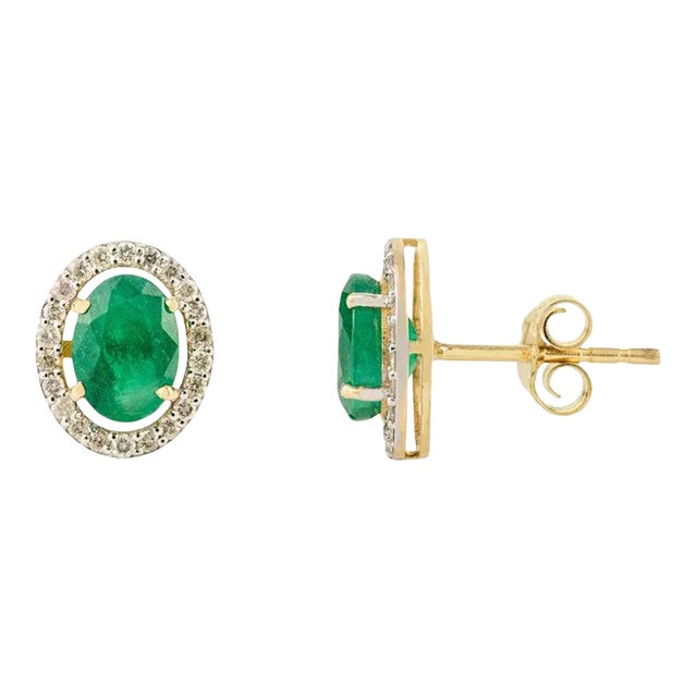 14k Gold Oval 1.68ct Halo Diamond Emerald Birthstone Earrings- A Pair For Sale