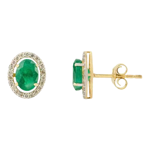 14k Gold Oval 1.68ct Halo Diamond Emerald Birthstone Earrings- A Pair