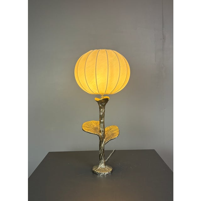 Brass Silver Flower Lamp with Cocoon Fabric Shade, 1980s For Sale - Image 10 of 11