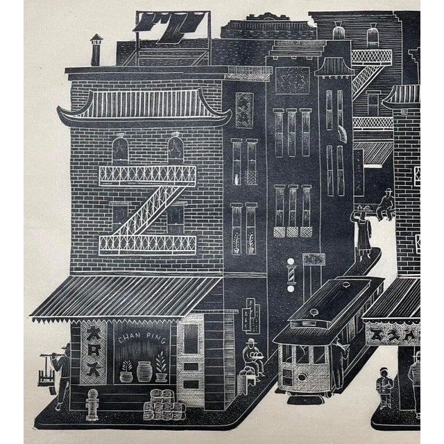Original 1937 Ray Bethers 'san Francisco's Chinatown' Wood Engraving - Trolley For Sale - Image 10 of 12