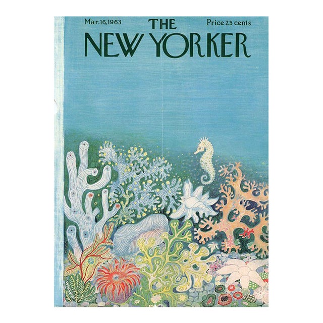1963 Vintage New Yorker Magazine Cover, March 16, Ilonka Karasz Cover Art, Seahorse For Sale