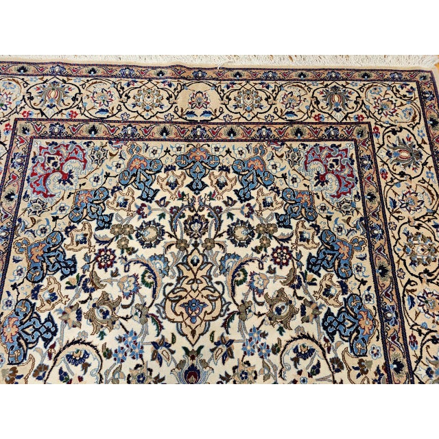 1900 - 1909 Vintage Persian Nain Area Rug, Hand-Knotted Wool & Silk, Floral Pattern, 7x11, Ivory & Blue For Sale - Image 5 of 12