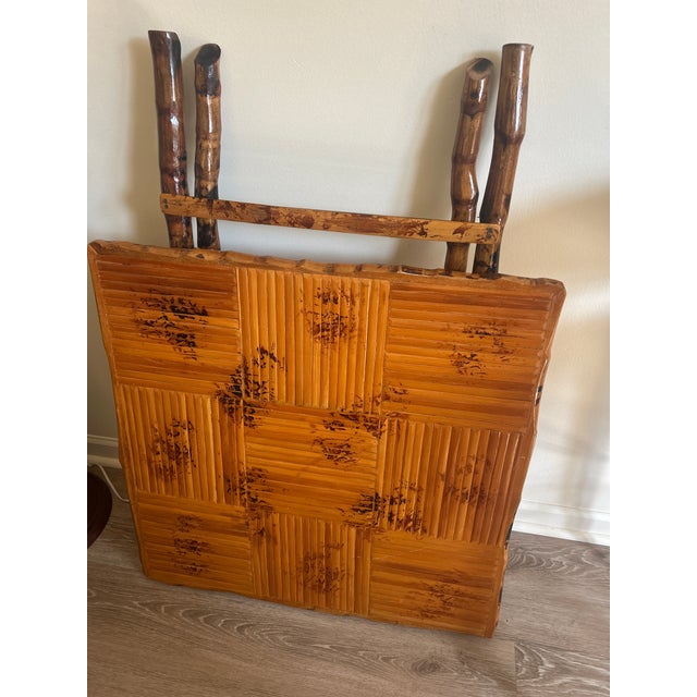 Vintage Handcrafted Square Tiger Bamboo Bistro Folding Game Center Table X-Base For Sale - Image 12 of 16