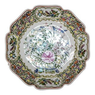 Vintage Famille Rose Porcelain Plate With Birds and Flowers Hand Painted Decor For Sale