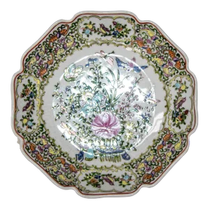 Vintage Famille Rose Porcelain Plate With Birds and Flowers Hand Painted Decor