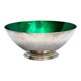 Vintage 1950s Danish Silver Plated and Green Enamel Bowl For Sale