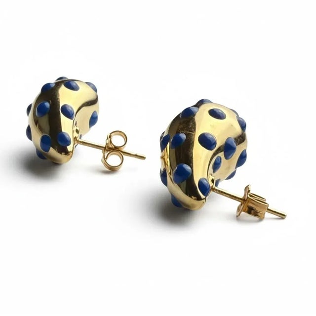 18k Yellow Gold Blue Polka Dot Enamel Teardrop Earrings 0.92 Inch Long, A Pair For Sale - Image 9 of 11