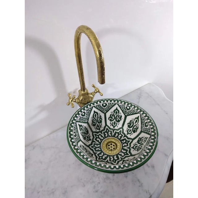 Contemporary Driss Floral Green Hand-Paint Bowl Sink Basin For Sale - Image 4 of 10