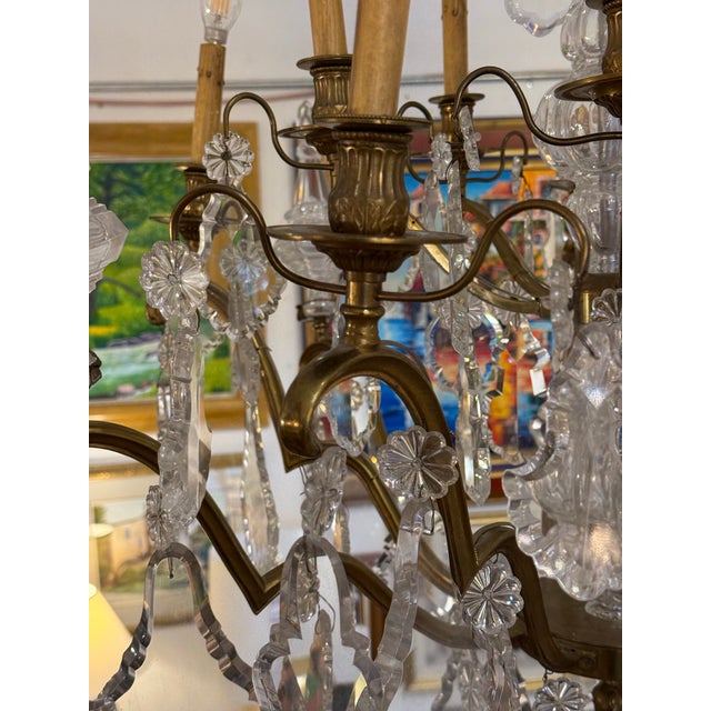 Glass 10-Light Crystal Chandelier + Antique Gold-Finish Metal Frame, Vintage For Sale - Image 7 of 12