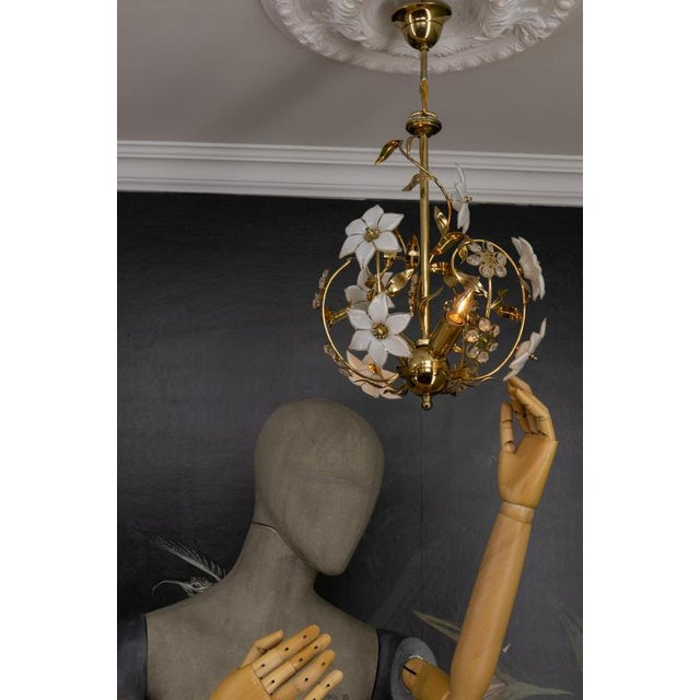 Hollywood Regency Style White Murano Glass Flower and Metal Chandelier, 1980s For Sale - Image 9 of 18