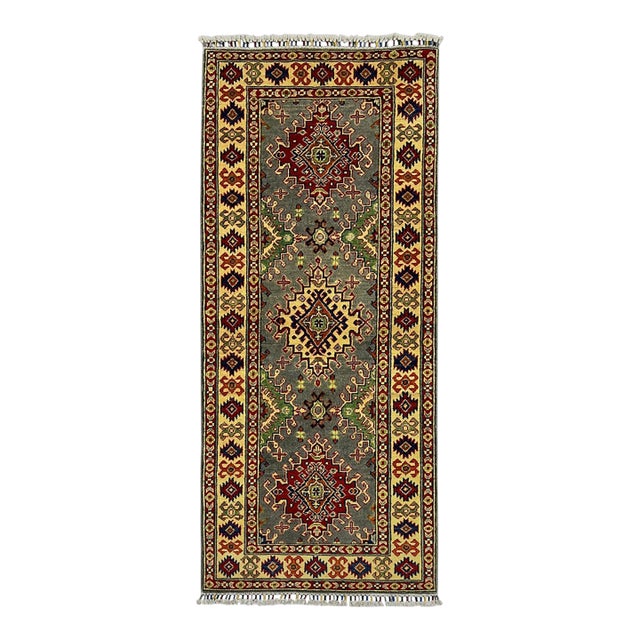 Gray, Cream and Red Kazak Wool Runner Rug, Tribal Hallway Rug, 2'10" X 6'7" For Sale