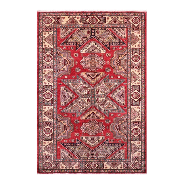 Rustic Super Kazak Red/Ivory Wool Rug- 5'11'' X 7'4'' For Sale
