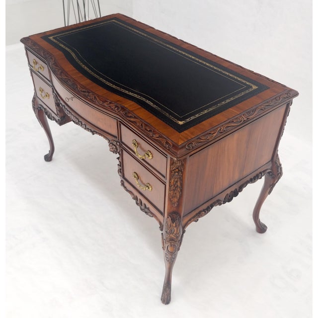 Carved Mahogany Embossed Black Leather Top Petit Compact 5 Drawers Desk MINT For Sale - Image 9 of 14