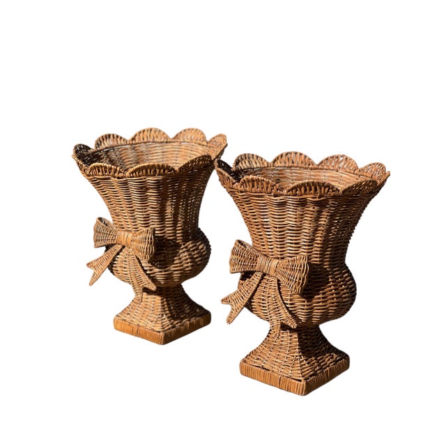 Pair Woven Rattan/Wicker Urns With Bows For Sale - Image 13 of 14