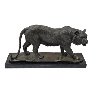 Bronze Sculpture of a Stalking Tiger W/ Brown Patina on a Mottled Marble Plinth