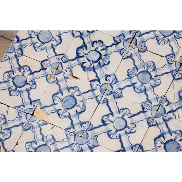 Blue Antique 18th Century Portuguese Blue & White Tiles Set of 61 With Repeating Floral-Geometric Pattern For Sale - Image 8 of 18