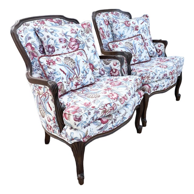 Vintage French Provincial Floral Upholstery Lounge Chairs - Pair For Sale