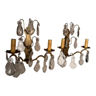19th Century French Bronze and Crystal Wall Sconces - Pair For Sale