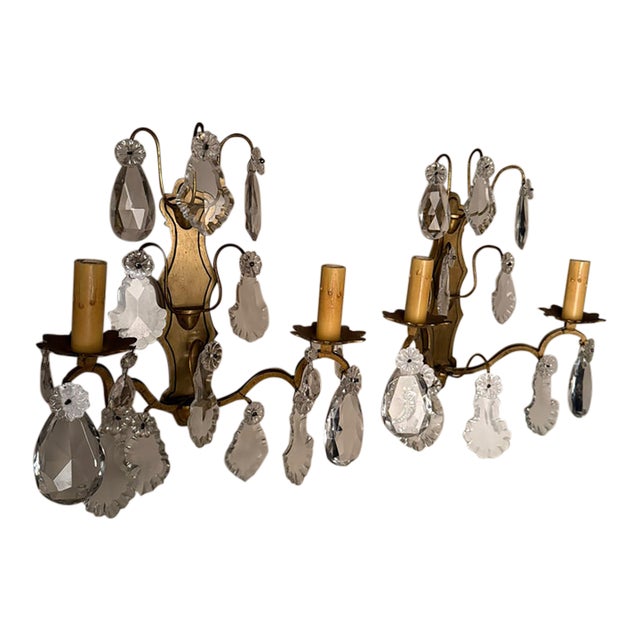 19th Century French Bronze and Crystal Wall Sconces - Pair For Sale