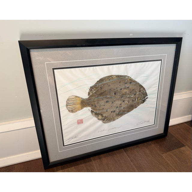 Vintage Original Gyotaku Fish Print “Windowpane” by David J. Denick | Framed Coastal Fishing Art, Signed For Sale - Image 11 of 12