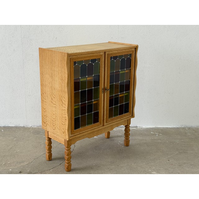 Vintage Oak Display Cabinet with Stained Glass Doors by Henning Kjærnulf, 1960s For Sale - Image 14 of 14
