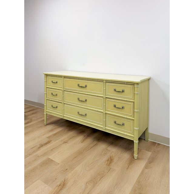 Hollywood Regency Mid 20th Century Coastal Henry Link Bali Hai Green Faux Bamboo 9 Drawer Dresser Hollywood Regency For Sale - Image 3 of 16