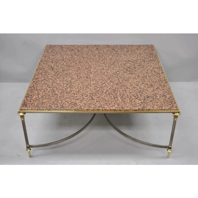 Large Italian Neoclassical Maison Jansen Style Steel & Brass Marble Top Coffee Table. Item features an inset pink marble...